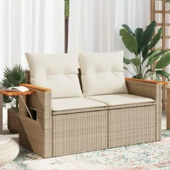 Loungebanken-vidaXL - Tuinbank 2-zits - Beige - Poly rattan - Met kussens