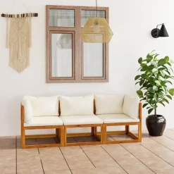 Loungebanken-vidaXL - Tuinbank 3-zits - Crème - Acaciahout - Met kussens