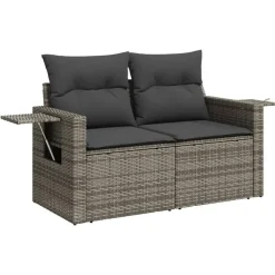 Loungebanken-vidaXL - Tuinbank 2-zits - Grijs - Poly rattan - Met kussens