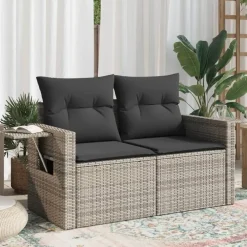 Loungebanken-vidaXL - Tuinbank 2-zits - Grijs - Poly rattan - Met kussens
