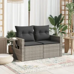 Loungebanken-vidaXL - Tuinbank 2-zits - Grijs - Poly rattan - Met kussens