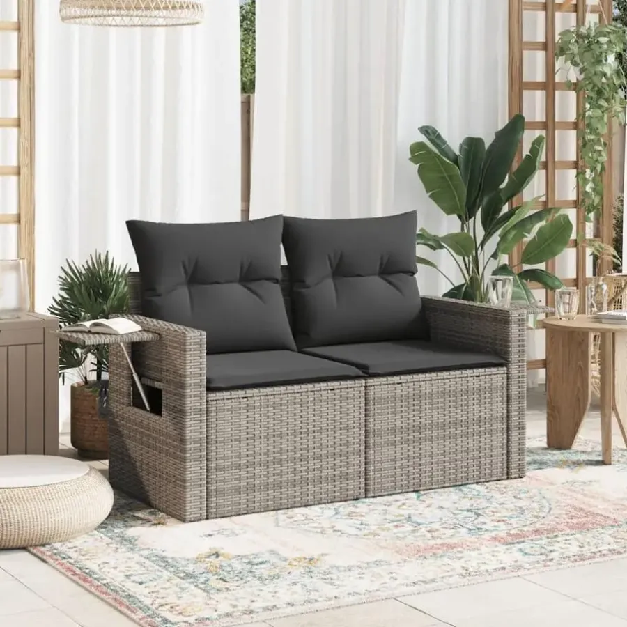Loungebanken-vidaXL - Tuinbank 2-zits - Grijs - Poly rattan - Met kussens