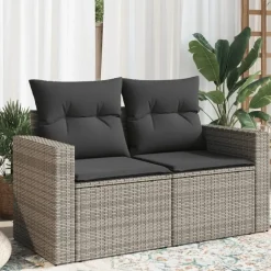 Loungebanken-vidaXL - Tuinbank 2-zits - Grijs - Poly rattan - Met kussens