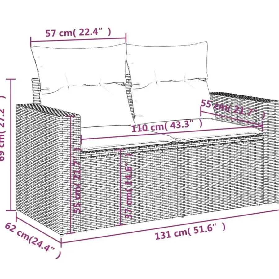 Loungebanken-vidaXL - Tuinbank 2-zits - Grijs - Poly rattan - Met kussens