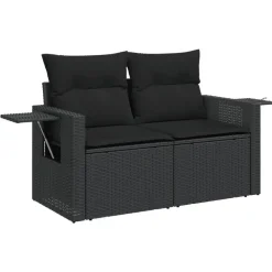 Loungebanken-vidaXL - Tuinbank 2-zits - Zwart - Poly rattan - Met kussens