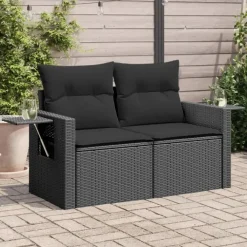 Loungebanken-vidaXL - Tuinbank 2-zits - Zwart - Poly rattan - Met kussens