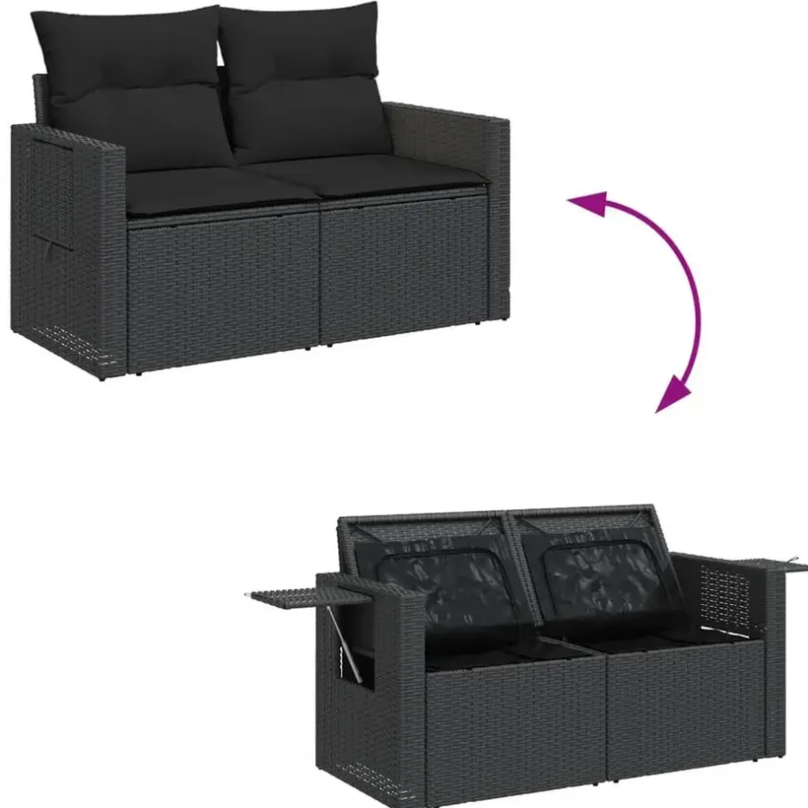 vidaXL - Tuinbank 2-zits - Zwart - Poly rattan - Met kussens