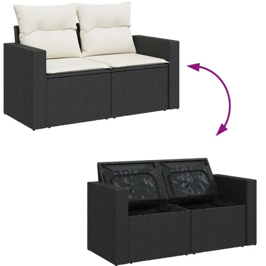 Loungebanken-vidaXL - Tuinbank 2-zits - Zwart - Poly rattan - Met kussens