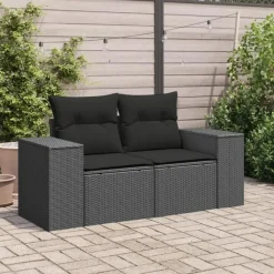 vidaXL - Tuinbank 2-zits - Zwart - Poly rattan - Met kussens