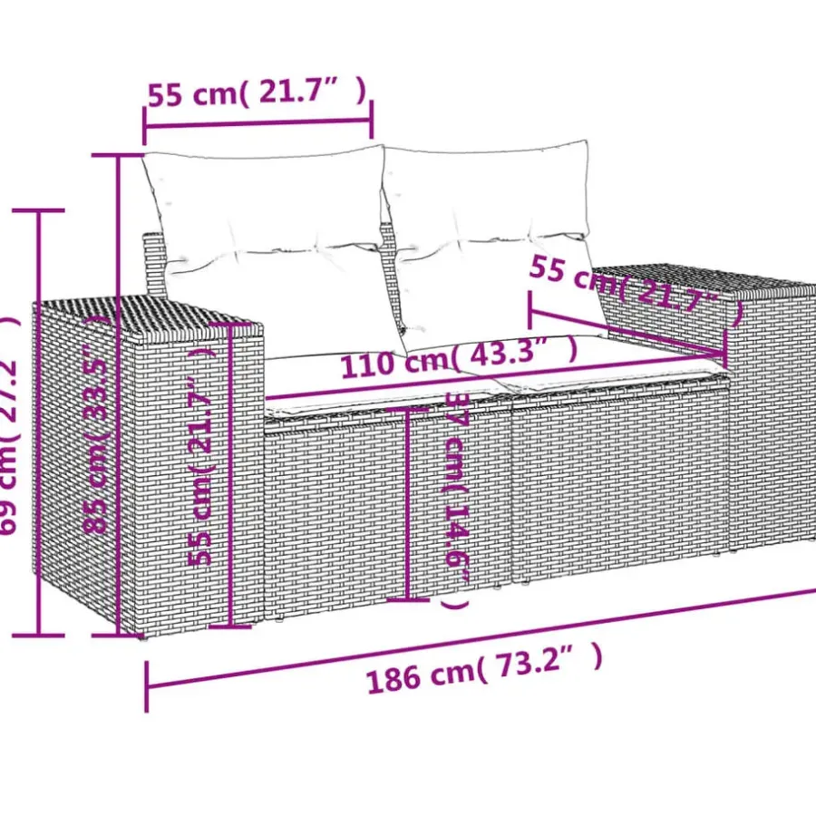 vidaXL - Tuinbank 2-zits - Zwart - Poly rattan - Met kussens