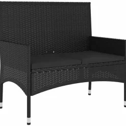 vidaXL - Tuinbank 2-zits - Zwart - Poly rattan - Met zwart kussens