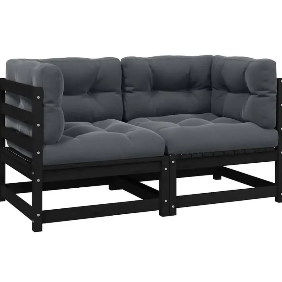 Loungebanken-vidaXL - Tuinbank 2-zits - Zwart - Grenenhout - Met kussens