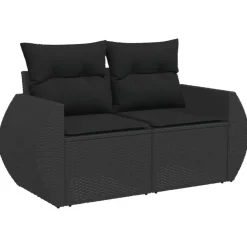 Loungebanken-vidaXL - Tuinbank 2-zits - Zwart - Poly rattan - Met kussens