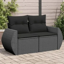 Loungebanken-vidaXL - Tuinbank 2-zits - Zwart - Poly rattan - Met kussens