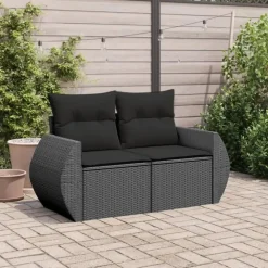 Loungebanken-vidaXL - Tuinbank 2-zits - Zwart - Poly rattan - Met kussens