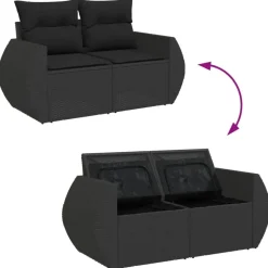 Loungebanken-vidaXL - Tuinbank 2-zits - Zwart - Poly rattan - Met kussens