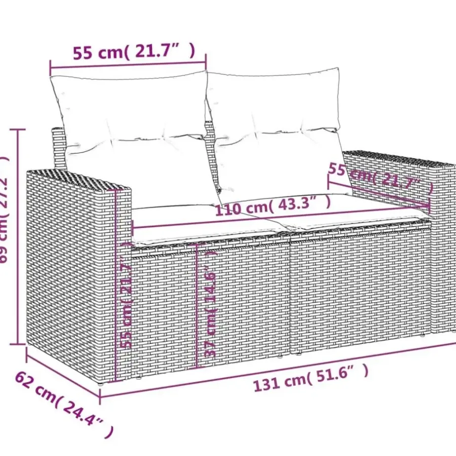 vidaXL - Tuinbank 2-zits - Zwart - Poly rattan - Met kussens