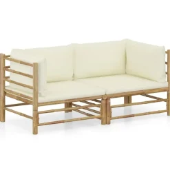 Loungebanken-vidaXL - Tuinset - Wit - Bamboe - 2 stuks - Met kussens