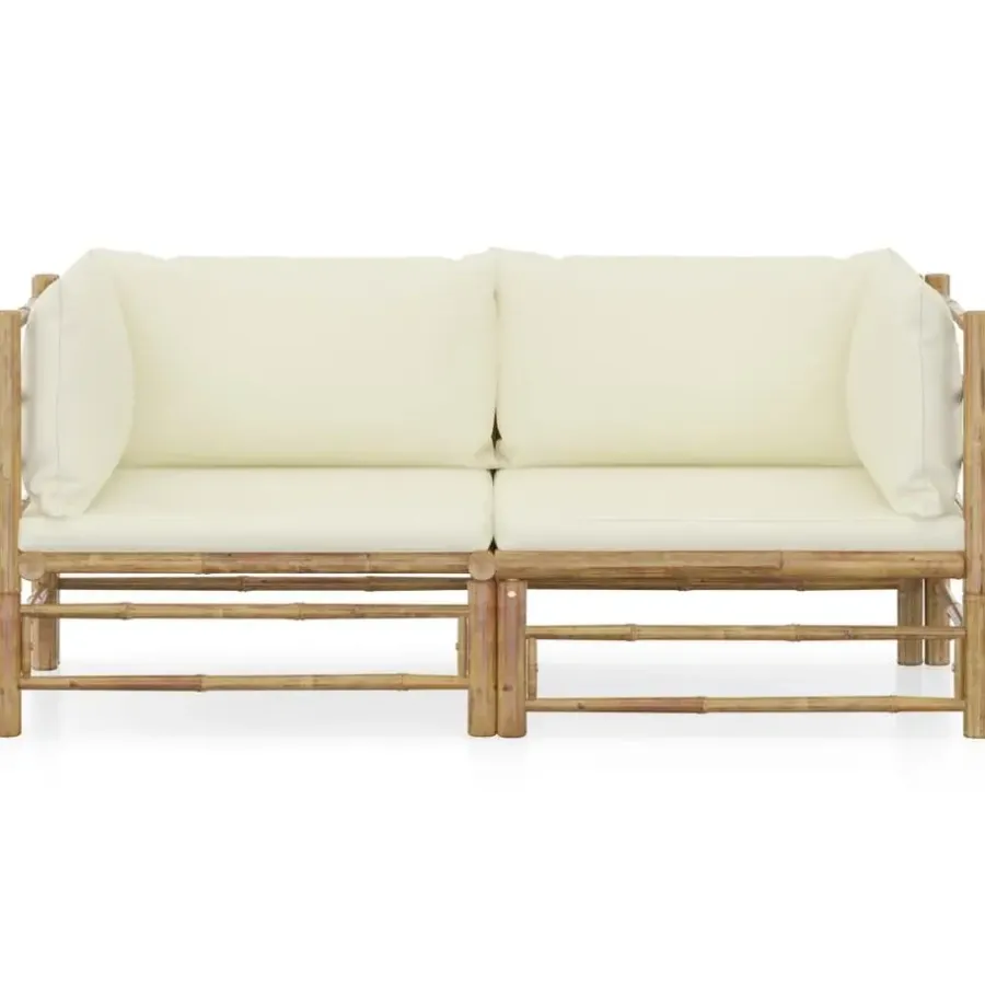 Loungebanken-vidaXL - Tuinset - Wit - Bamboe - 2 stuks - Met kussens
