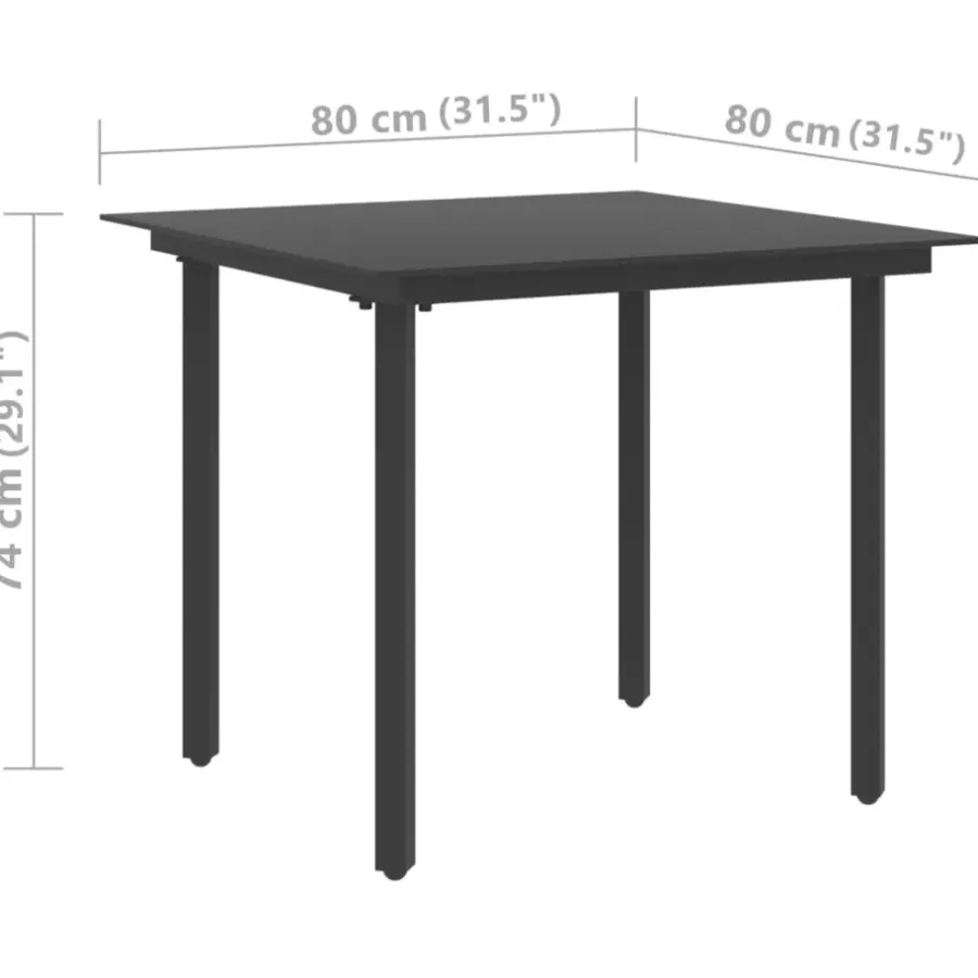 vidaXL - Tuintafel - Zwart - Staal en glas - 80 x 80 x 74 cm