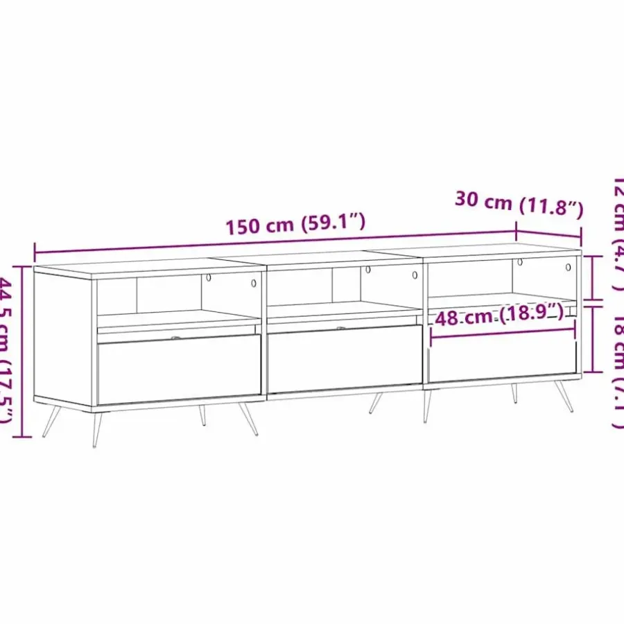 Tv Meubels-vidaXL - TV-meubel 3 vakken 3 deuren - Oud hout - Hout - 150x30x44.5 cm