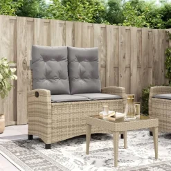 Loungebanken-vidaXL - Verstelbare loungebank met grijs kussens - Beige rattan - 105x66x93 cm