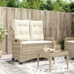 Loungebanken-vidaXL - Verstelbare loungebank met crème kussens - Beige rattan - 105x66x93 cm