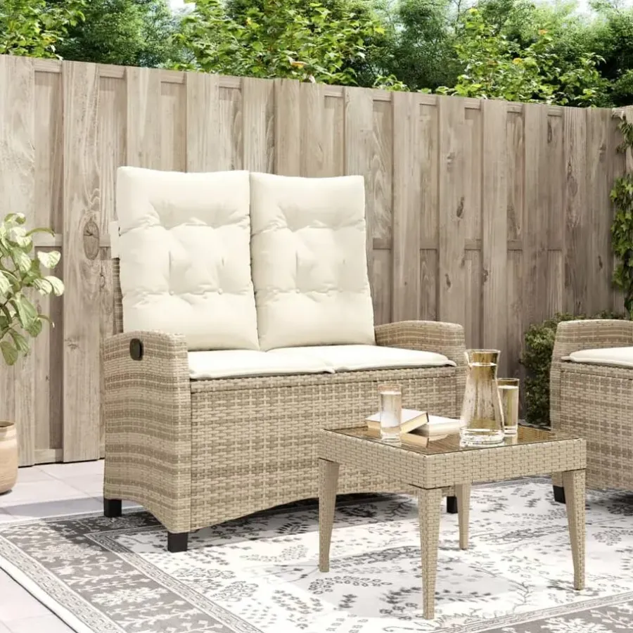 Loungebanken-vidaXL - Verstelbare loungebank met crème kussens - Beige rattan - 105x66x93 cm