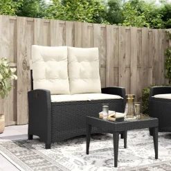 Loungebanken-vidaXL - Verstelbare loungebank met crème kussens - Zwart rattan - 105x66x93 cm