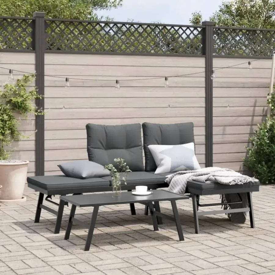 Tuinbanken-vidaXL - Verstelbare Tuinbanken met kussens zwart - Gepoedercoat staal - 2 stuks