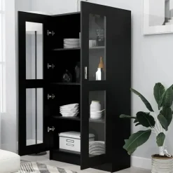 Boekenkasten|Boekenkasten-vidaXL - Vitrinekast - Zwart - Bewerkt hout