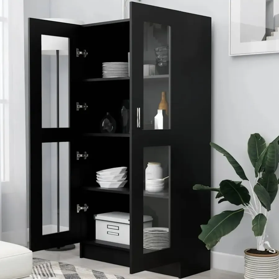 Boekenkasten|Boekenkasten-vidaXL - Vitrinekast - Zwart - Bewerkt hout