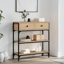 Sidetables-vidaXL - Wandtafel met 2 lades 2 schappen - Sonoma eiken - Hout - 72.5x25x75 cm