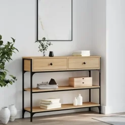 Sidetables-vidaXL - Wandtafel met 2 lades 2 schappen - Sonoma eiken - Hout - 100x25x75 cm