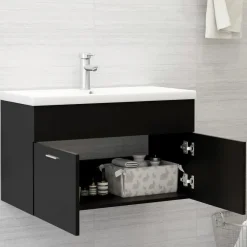Wastafelkasten-vidaXL - Wastafelkast - Zwart - Bewerkt hout - 80 x 38.5 x 46 cm