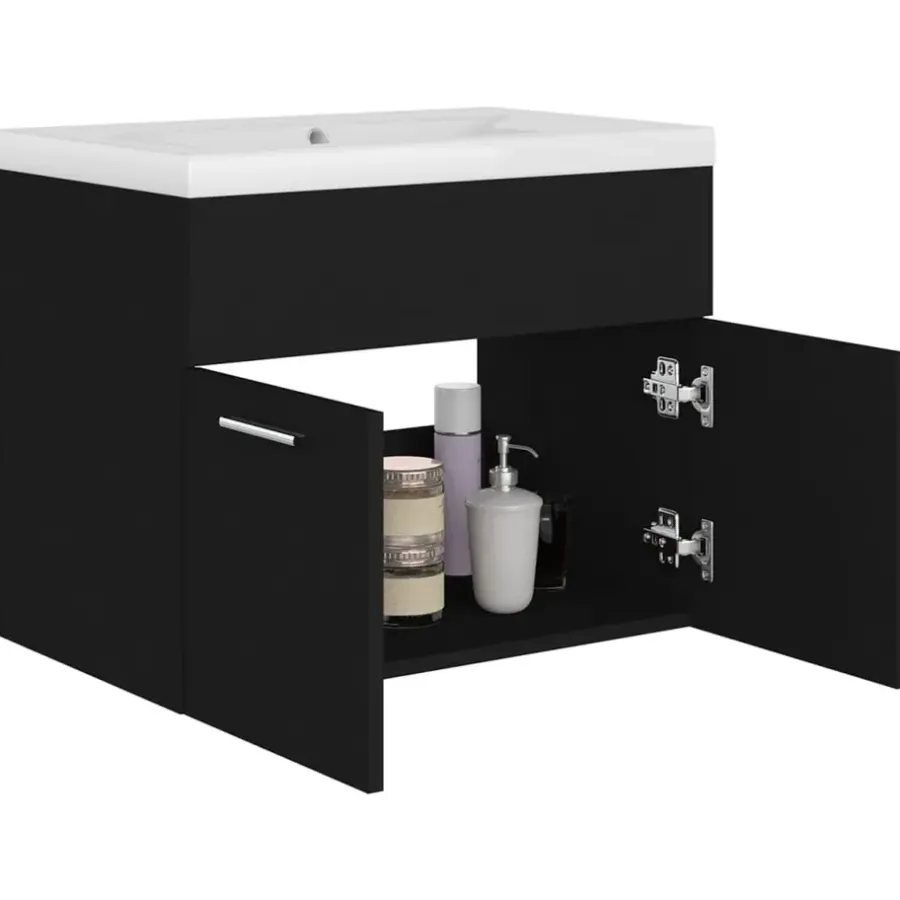 Wastafelkasten-vidaXL - Wastafelkast En Wastafel - Zwart - Bewerkt hout - 60 x 38.5 x 46 cm