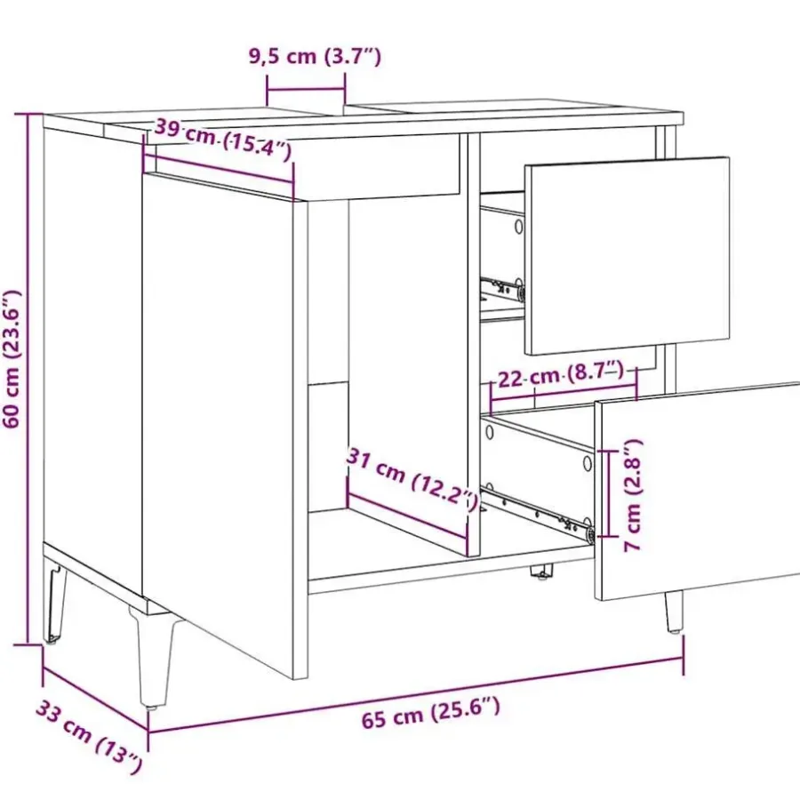Wastafelkasten-vidaXL - Wit Wastafelonderkast - 1 deur 2 lades - Hout en metaal - 65x33x60 cm