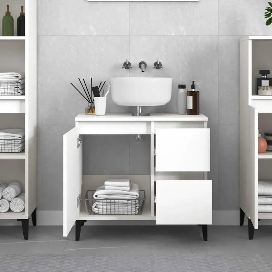 Wastafelkasten-vidaXL - Wit Wastafelonderkast - 1 deur 2 lades - Hout en metaal - 65x33x60 cm