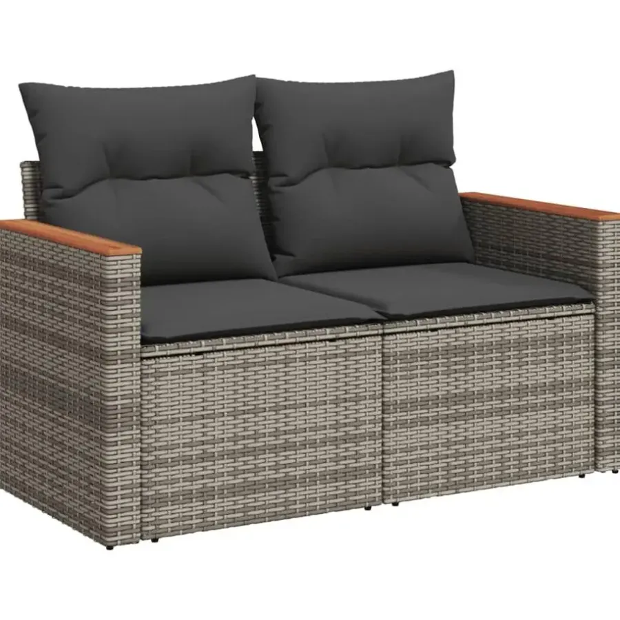 vidaXL 3-delige Loungeset met kussens en hout armsteun - Grijs - Poly rattan