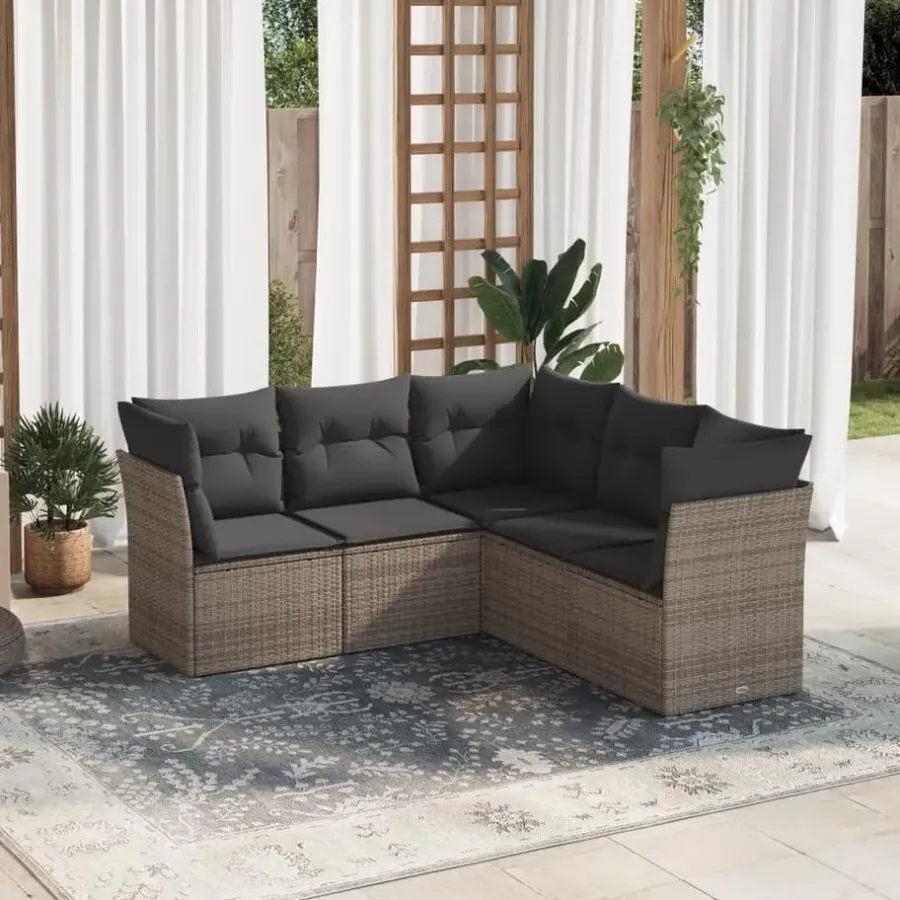 Loungesets-vidaXL 5-delige Loungeset met kussens voor 5 personen - Grijs - Poly Rattan