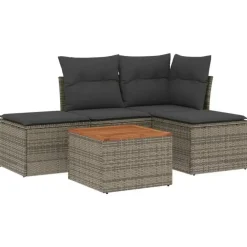 Loungesets-vidaXL 5-delige Loungeset met kussens & salontafel - Grijs - Poly rattan