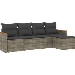 Loungesets-vidaXL 5-delige Loungeset met kussens en kruk - hout armsteun - Grijs
