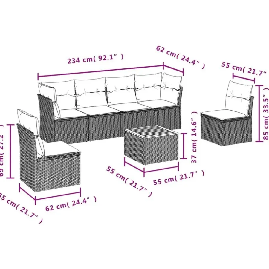 Loungesets-vidaXL 7-delige Loungeset met kussens en hout salontafel - Grijs - Poly rattan