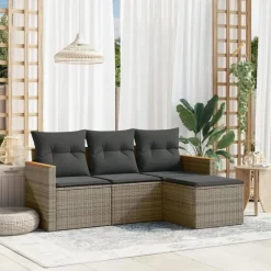 Loungesets-vidaXL 4-delige Loungeset met kussens en kruk - hout armsteun - Grijs