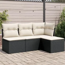 Loungebanken-vidaXL 4-delige Loungeset met kussens - Zwart en crème - Poly rattan
