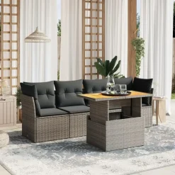 vidaXL 5-delige Loungeset voor 4 met kussens en verstelbaar hout salontafel