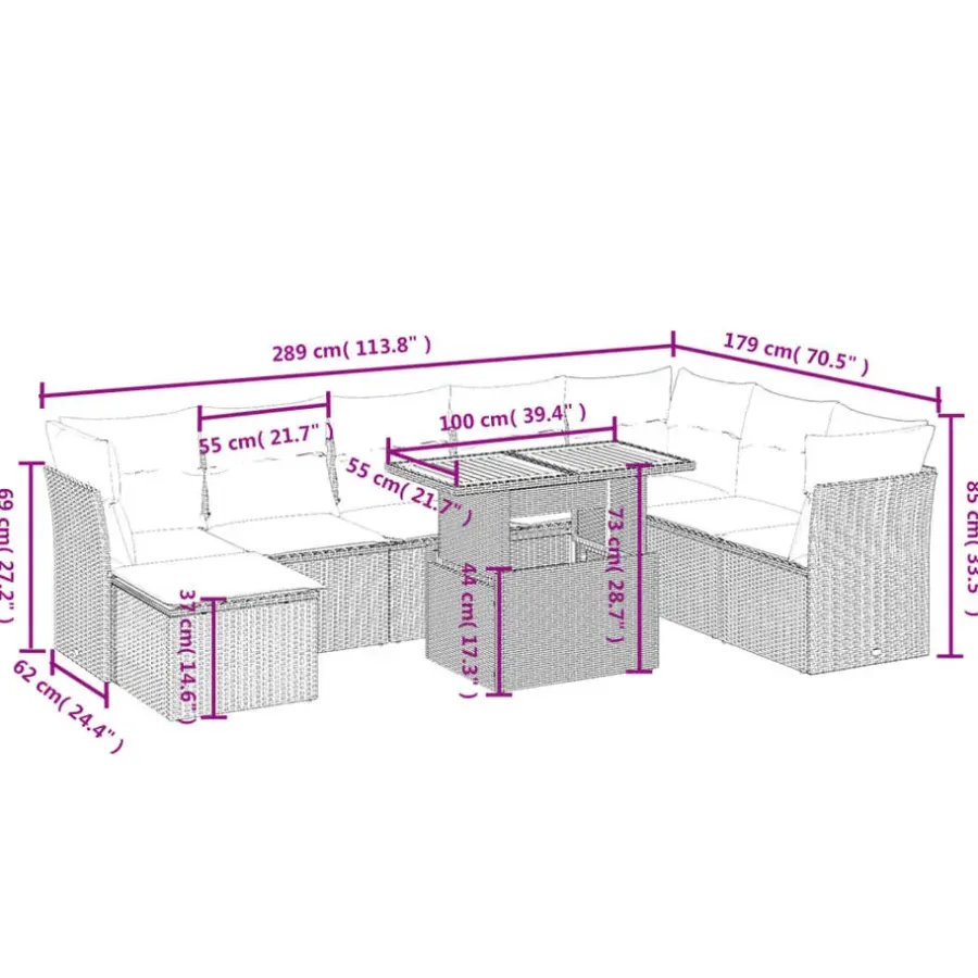 Loungesets-vidaXL 9-delige Loungeset voor 8 met kussens & verstelbaar hout salontafel