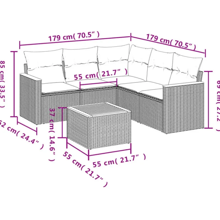 Loungesets-vidaXL 6-delige Loungeset voor 5 met kussens en salontafel - Grijs - Poly rattan