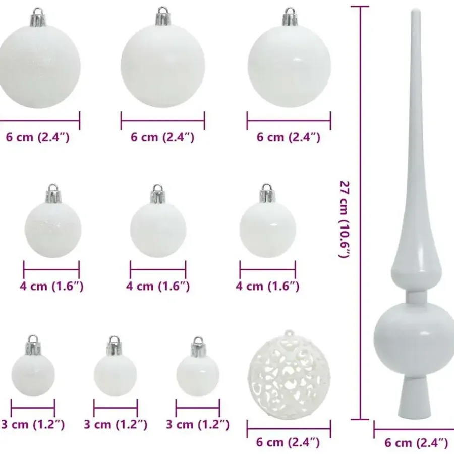 Kerstballen-vidaXL Kerstballen set met 150 LED - 61x - Ø3/4/6 cm - Wit - Kunststof - Mix