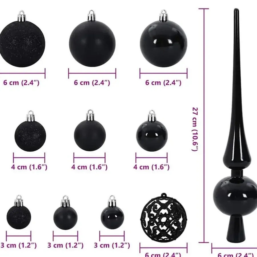 vidaXL Kerstballen set met 150 LED - 61x - Ø3/4/6 cm - Zwart - Kunststof - Mix